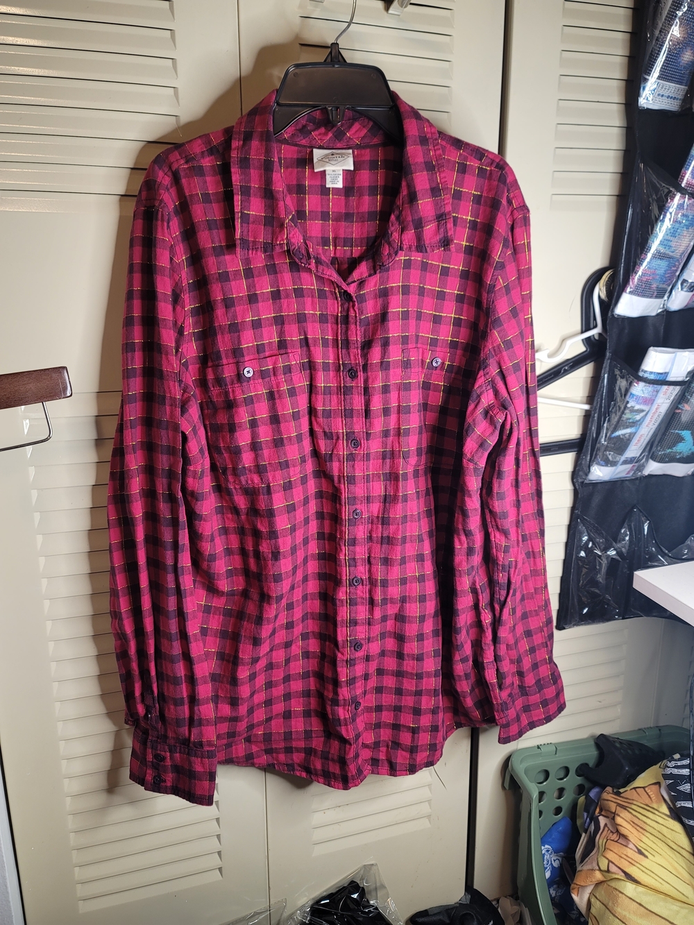 St. John's Bay Pink and Black Plaid Button-Down Shirt